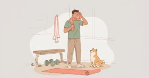 自宅で筋トレをする30代男性と横で見守る柴犬のイラスト