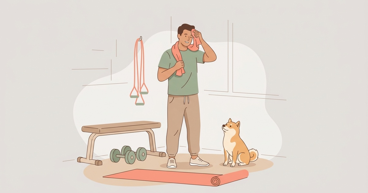 自宅で筋トレをする30代男性と横で見守る柴犬のイラスト