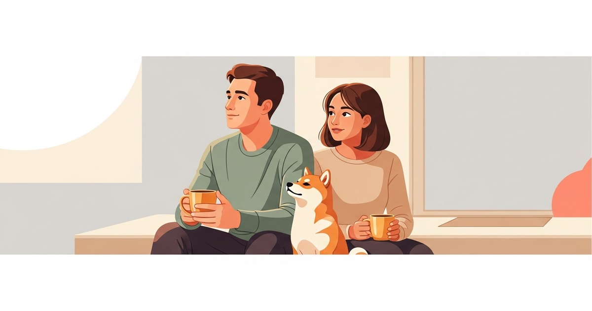 ポーチでコーヒーを飲む夫婦と柴犬
