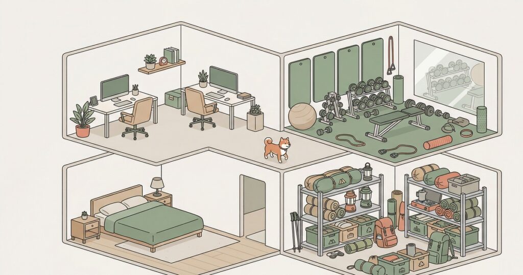 4部屋の断面図で2部屋が筋トレとキャンプギアで埋まっているイラスト