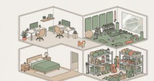 4部屋の断面図で2部屋が筋トレとキャンプギアで埋まっているイラスト