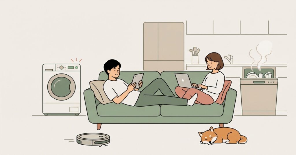 ソファでくつろぐ夫婦の周りでロボット掃除機や洗濯機が自動稼働しているイラスト