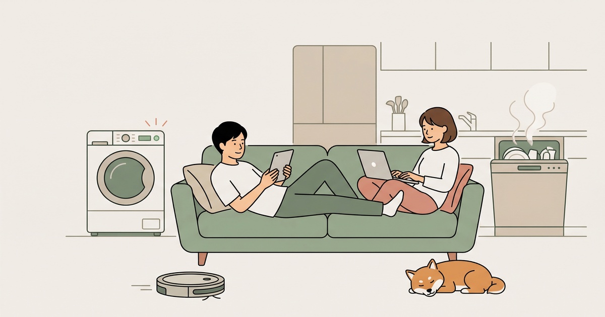 ソファでくつろぐ夫婦の周りでロボット掃除機や洗濯機が自動稼働しているイラスト