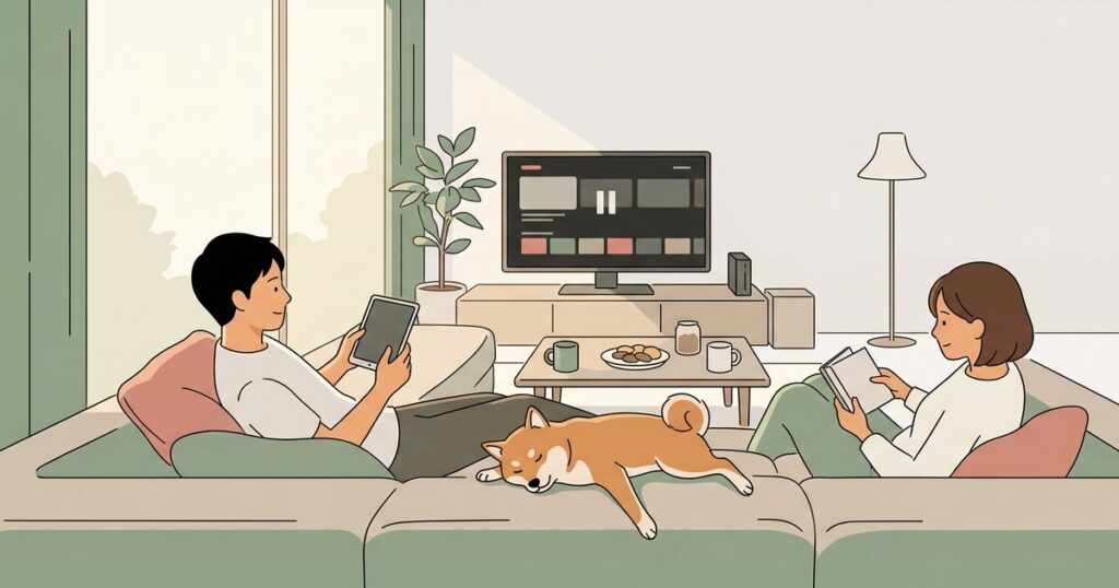 ソファでゴロゴロする夫婦と真ん中で寝る柴犬のイラスト