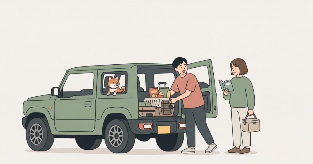 車に荷物を積み込むDINKs夫婦と柴犬