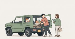 車に荷物を積み込むDINKs夫婦と柴犬