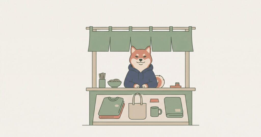 そば屋のカウンターでグッズを販売する柴犬店長のイラスト