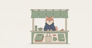 そば屋のカウンターでグッズを販売する柴犬店長のイラスト