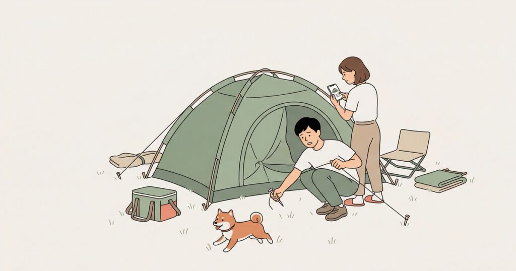 キャンプ場でテント設営に苦戦する夫婦と走り回る柴犬