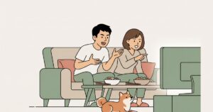 テレビの前で番組の感想戦をする夫婦と呆れる柴犬のイラスト