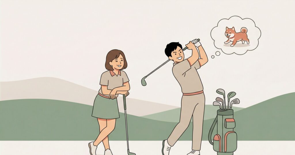 ゴルフ場で夫が熱中してスイングし妻が呆れて見ているイラスト