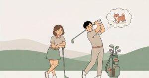 ゴルフ場で夫が熱中してスイングし妻が呆れて見ているイラスト