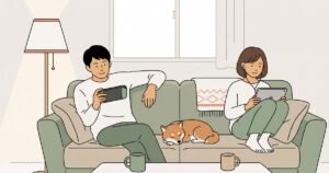 同じソファで別々のことをしている夫婦と間で寝る柴犬のイラスト
