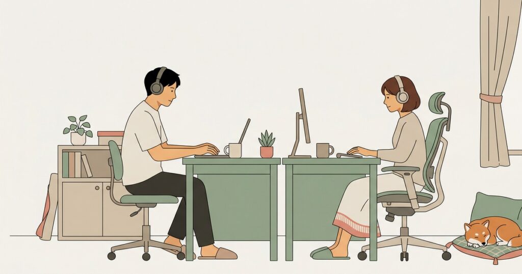 同じ部屋で横並びにテレワークする夫婦と隅で寝る柴犬のイラスト
