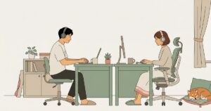 同じ部屋で横並びにテレワークする夫婦と隅で寝る柴犬のイラスト