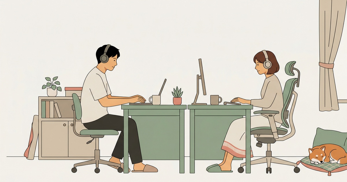 同じ部屋で横並びにテレワークする夫婦と隅で寝る柴犬のイラスト