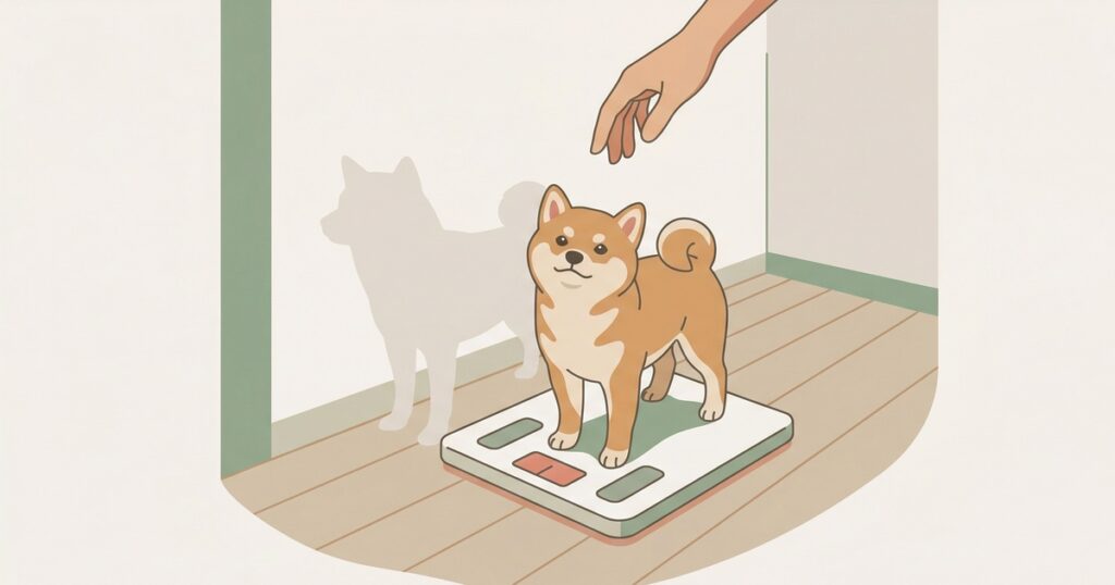 体重計に乗る小さな豆柴と普通サイズの柴犬シルエット