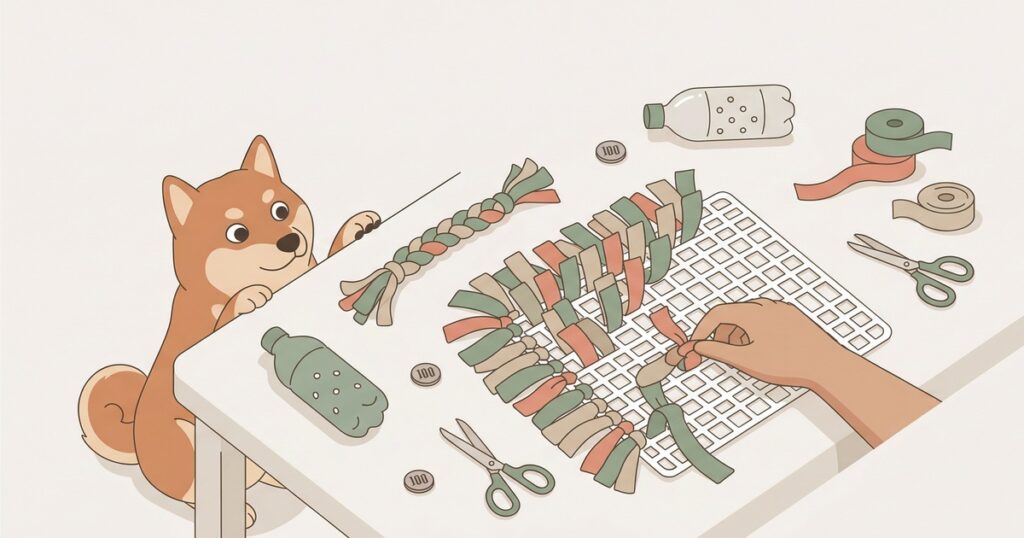 DIYテーブルを覗き込む柴犬のイラスト
