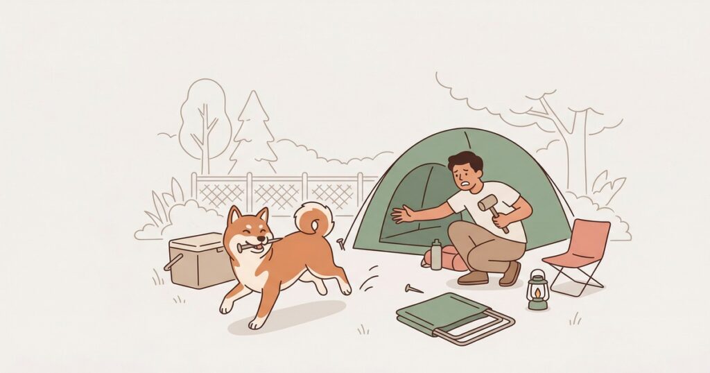 テントのペグをくわえて逃げる柴犬と慌てる飼い主のキャンプ場イラスト