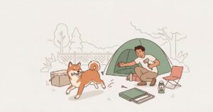 テントのペグをくわえて逃げる柴犬と慌てる飼い主のキャンプ場イラスト