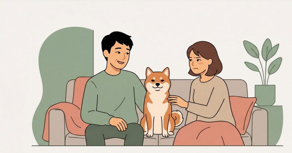 夫婦の間に割り込んでソファの真ん中を陣取る柴犬のイラスト