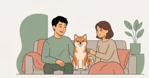 夫婦の間に割り込んでソファの真ん中を陣取る柴犬のイラスト