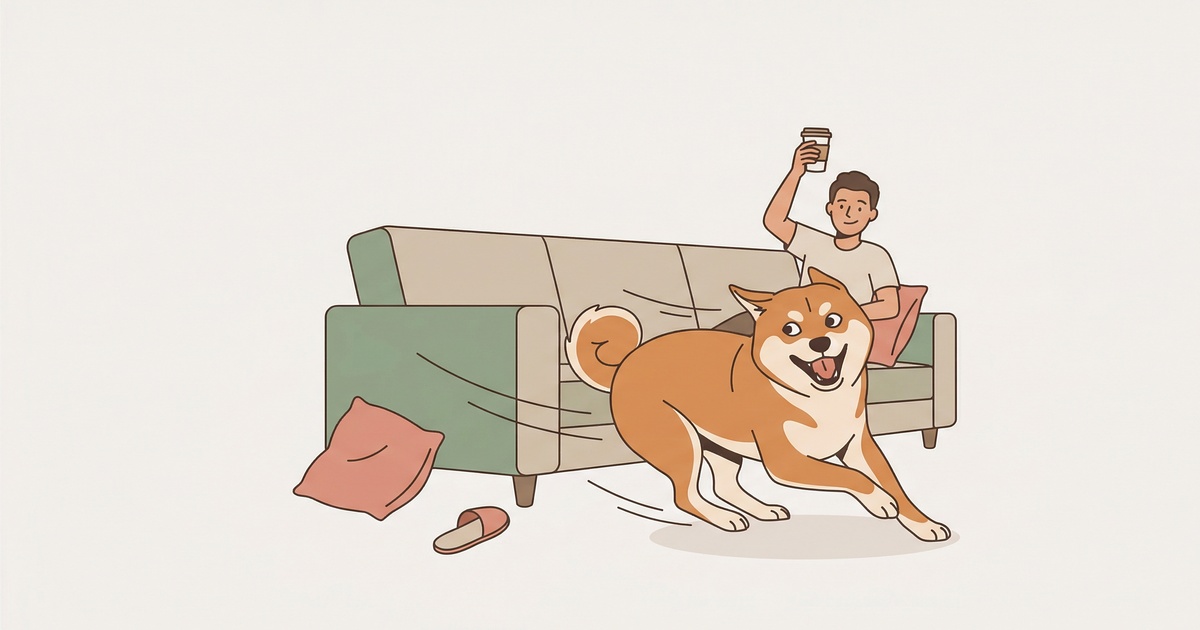 リビングを全力疾走する柴犬と見守る飼い主のイラスト