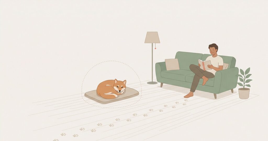 飼い主から少し離れた場所でくつろぐ柴犬のイラスト