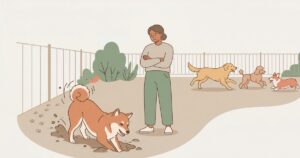 ドッグランの隅で穴を掘る柴犬のイラスト