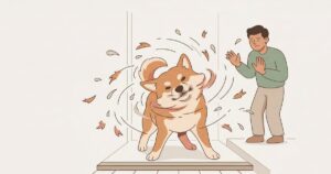 全身をブルブル回転させて水しぶきを飛ばす柴犬のイラスト