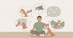 柴犬との暮らしの驚きに囲まれる新米飼い主のイラスト