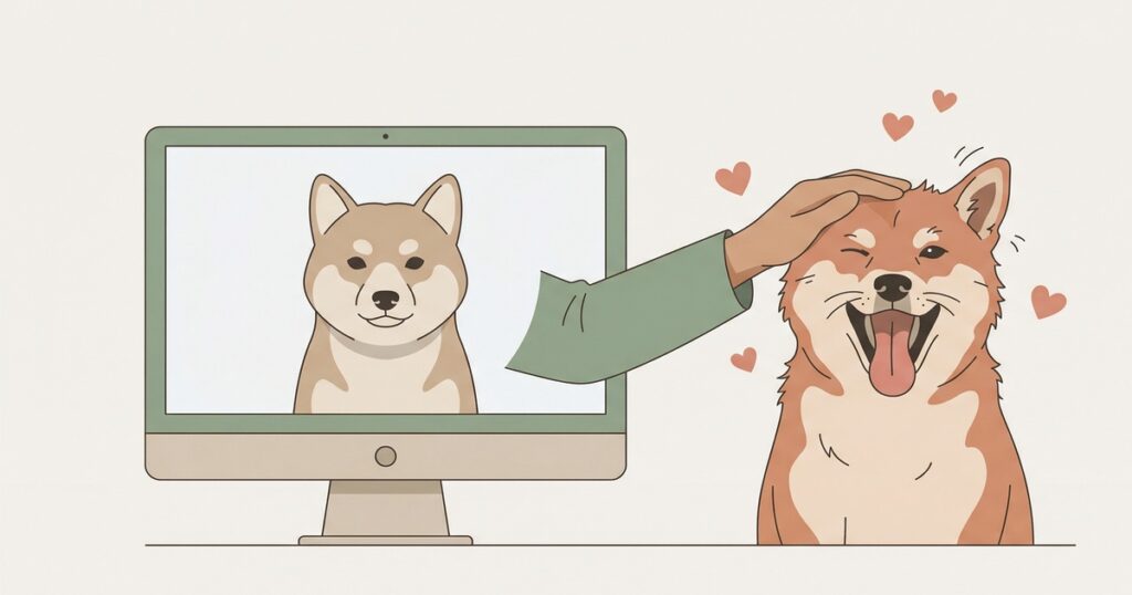 PC画面のデジタル犬より本物の柴犬を選ぶ飼い主のイラスト