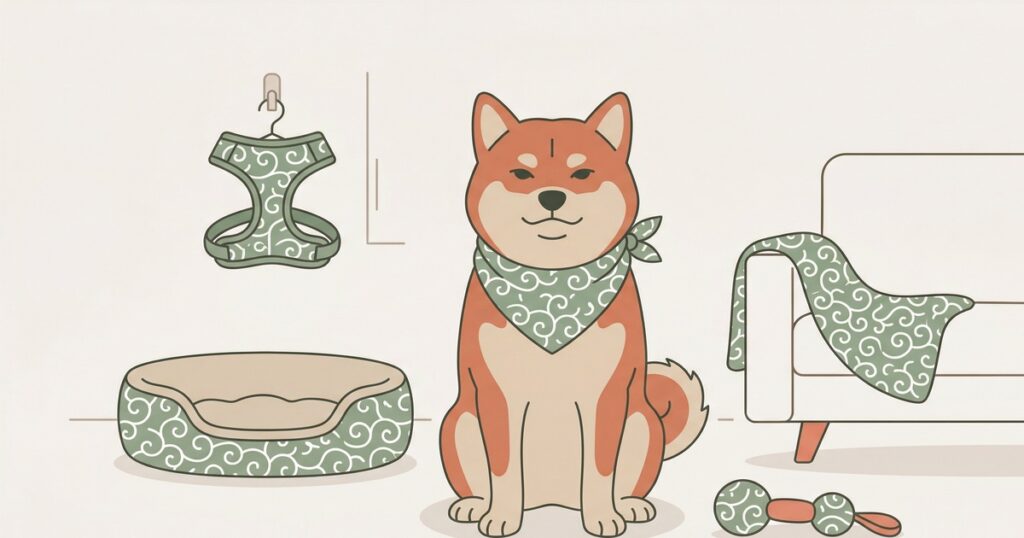 唐草模様のバンダナを着けた柴犬と周囲の唐草グッズのイラスト