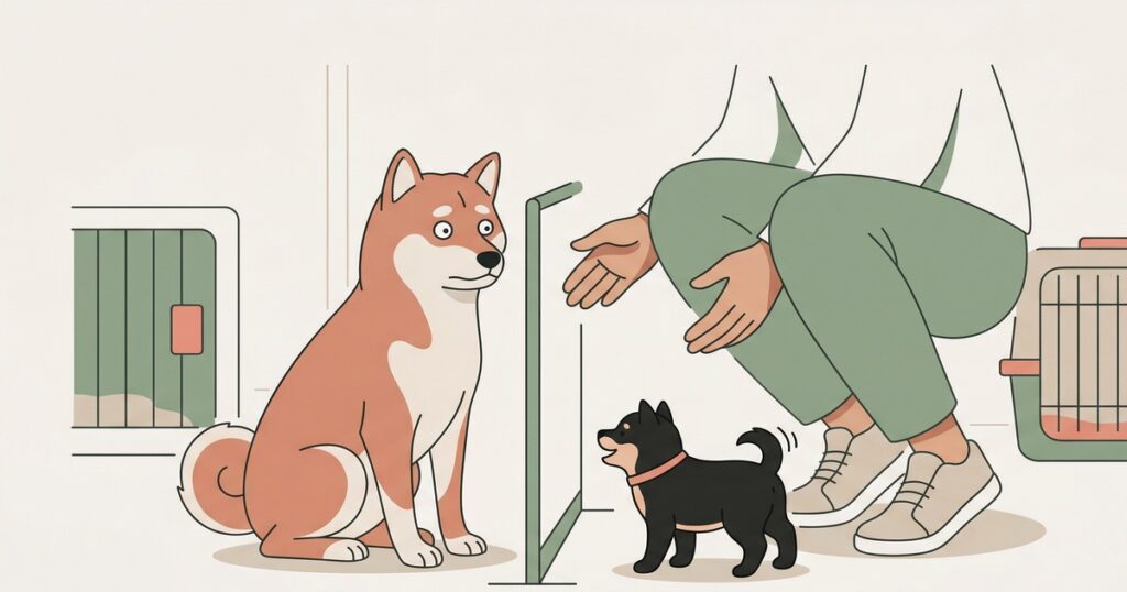 黒柴の子犬にフリーズする先住の赤柴のイラスト