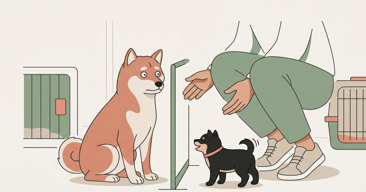 黒柴の子犬にフリーズする先住の赤柴のイラスト