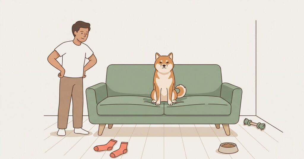 ソファの定位置に堂々と座りマイルールを貫く柴犬のイラスト