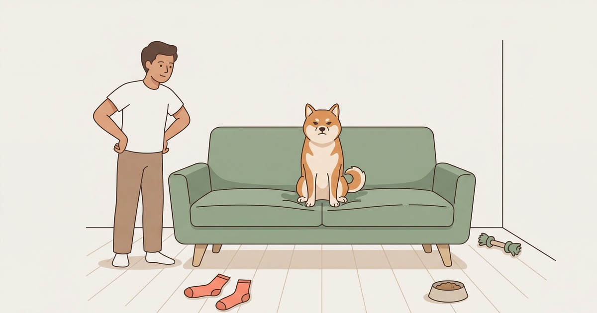 ソファの定位置に堂々と座りマイルールを貫く柴犬のイラスト