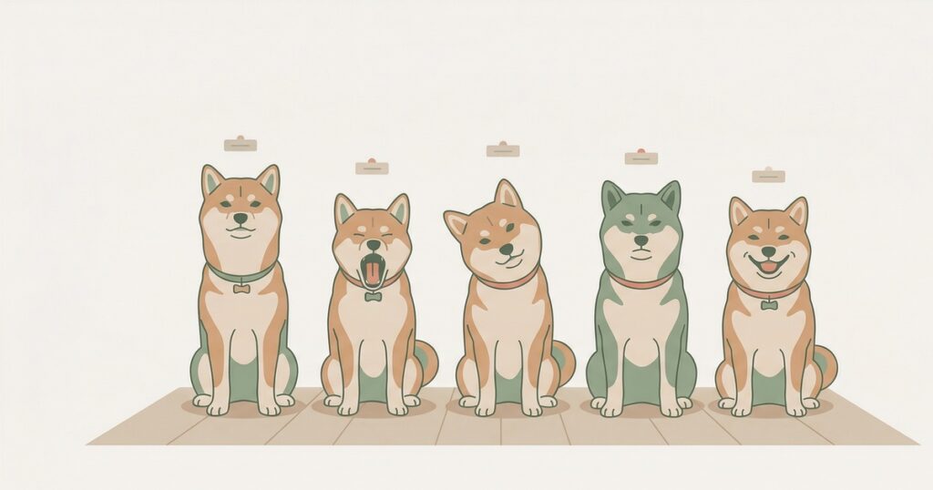 5匹の柴犬がそれぞれ違う表情で一列に並んでいるイラスト