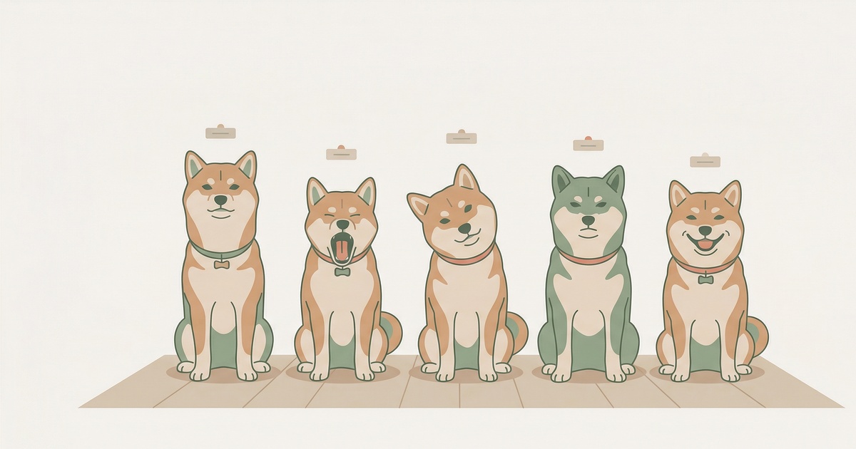 5匹の柴犬がそれぞれ違う表情で一列に並んでいるイラスト