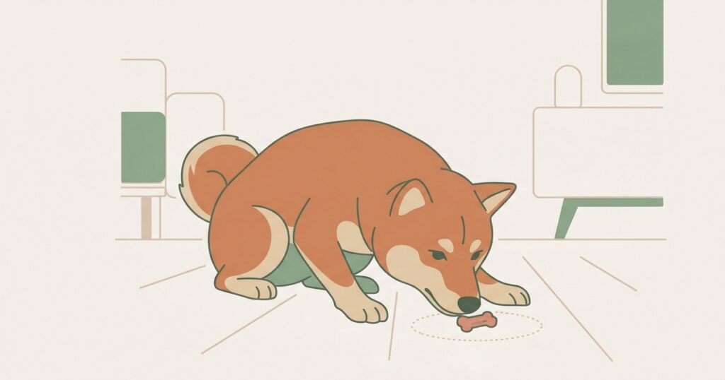 フローリングの上でおやつを鼻で隠そうとする柴犬のイラスト