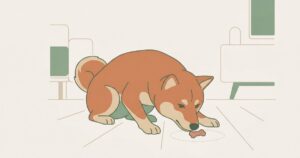 フローリングの上でおやつを鼻で隠そうとする柴犬のイラスト