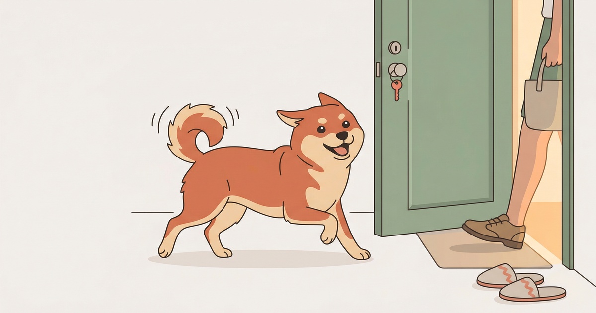玄関で飼い主を迎える嬉しそうな柴犬のイラスト