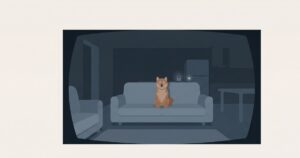 暗いリビングでペットカメラを見つめる豆柴のイラスト