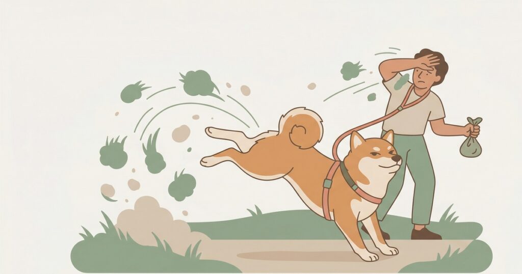 散歩中に後ろ足で地面を蹴り上げる柴犬と土を浴びる飼い主のイラスト