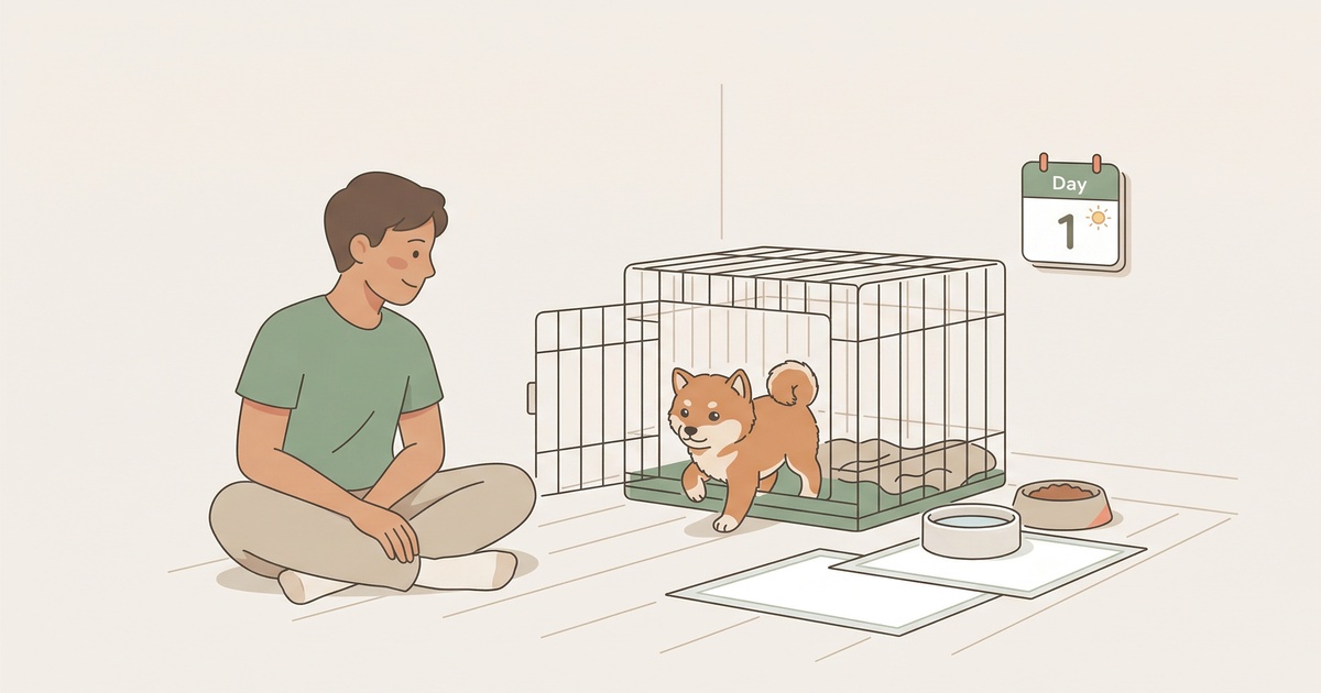 クレートからおそるおそる顔を出す柴犬の子犬のイラスト