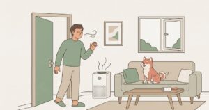 玄関で匂いに気づく来客と無邪気にソファに座る柴犬のイラスト