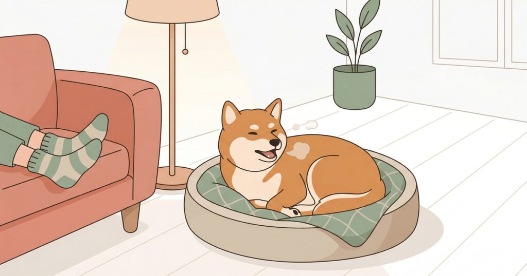 夜のリビングで丸くなってため息をつく柴犬
