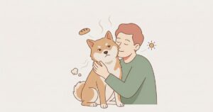 柴犬の首元に顔を埋めて柴吸いする飼い主のイラスト