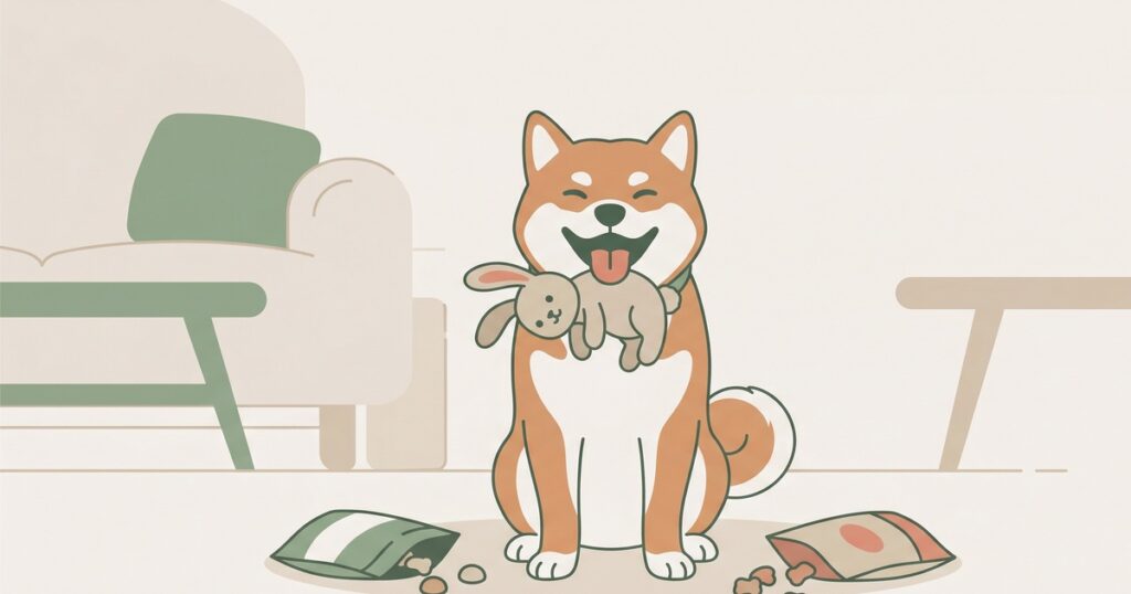 うさぎのぬいぐるみをくわえて柴スマイルする豆柴のイラスト