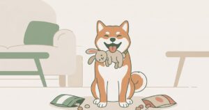 うさぎのぬいぐるみをくわえて柴スマイルする豆柴のイラスト
